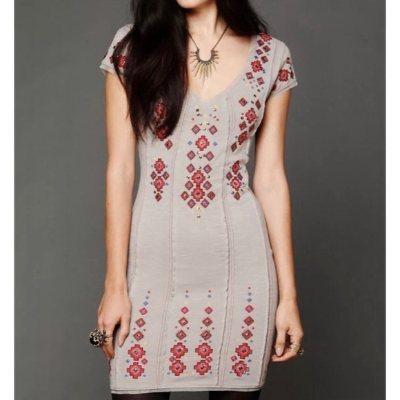 Free People Dress‎ Rich In Embroidery Textured Aztec Southwestern Boho Gray XS - Picture 1 of 9
